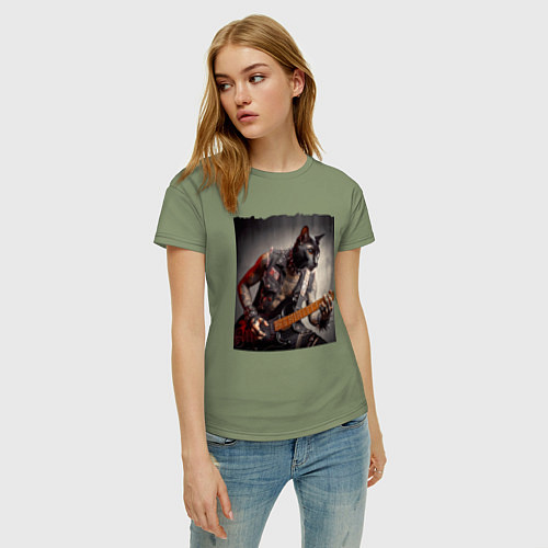 Женская футболка Татуированный чёрный котяра рок гитарист / Авокадо – фото 3