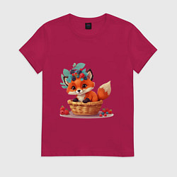 Футболка хлопковая женская Лисенок в корзине, цвет: маджента