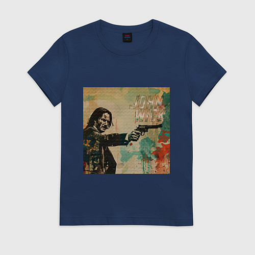 Женская футболка Джон Уик с пистолетом портрет в стиле гранж / Тёмно-синий – фото 1