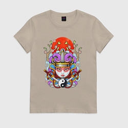 Футболка хлопковая женская Мифологическая девушка самурай, цвет: миндальный