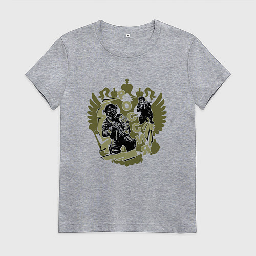 Женская футболка Герб России и воины на оливковом фоне / Меланж – фото 1