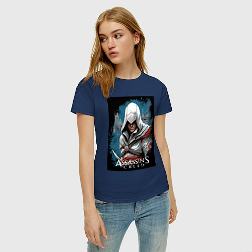Женская футболка Assassins creed белый кинжал / Тёмно-синий – фото 3