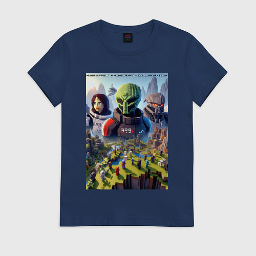 Женская футболка Масс Эффект и Майнкрафт - коллаба нейросеть / Тёмно-синий – фото 1