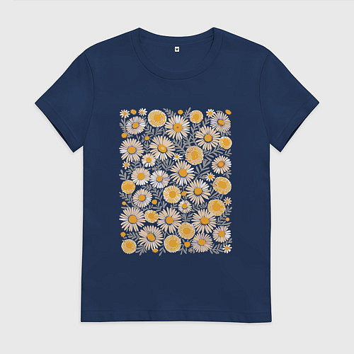 Женская футболка В белый цветочек ромашку / Тёмно-синий – фото 1