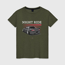 Футболка хлопковая женская Nissan skyline night ride, цвет: меланж-хаки