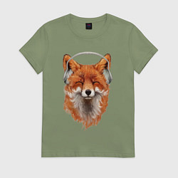 Женская футболка Лиса в наушниках слушает музыку