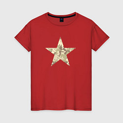 Футболка хлопковая женская Звезда камуфляж песочный, цвет: красный