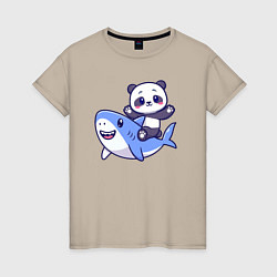 Футболка хлопковая женская Панда и акула, цвет: миндальный