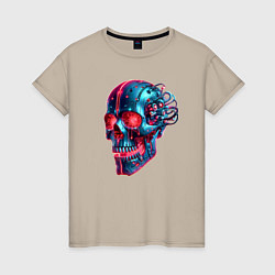Футболка хлопковая женская Metal cyber skull - ai art, цвет: миндальный