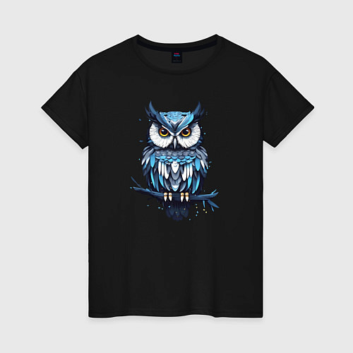 Женская футболка Голубая сова на ветке / Черный – фото 1
