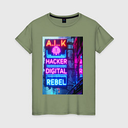 Женская футболка Ai hacker digital rebel - neon glow