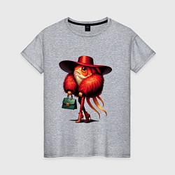 Женская футболка Рыба-модница в шубе, шляпе и с сумкой