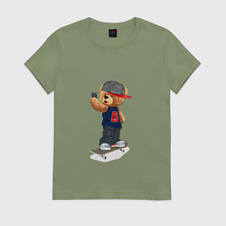 Футболка хлопковая женская Плюшевый медвежонок скейтер делает селфи, цвет: авокадо