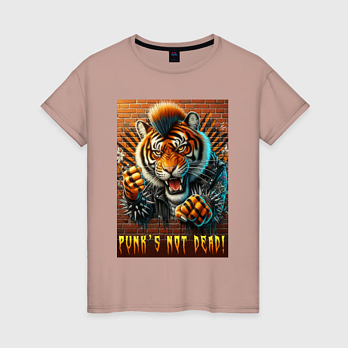 Женская футболка Punks not dead - motto tiger / Пыльно-розовый – фото 1