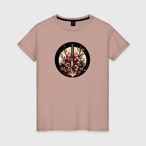 Женская футболка Катана и сакура в пламени / Пыльно-розовый – фото 1