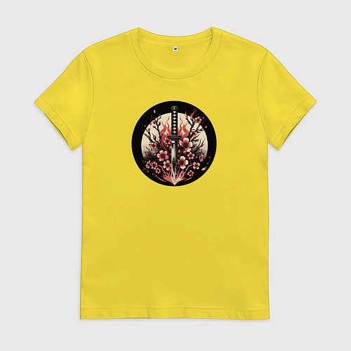 Женская футболка Катана и сакура в пламени / Желтый – фото 1