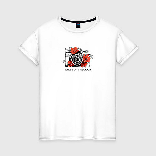 Женская футболка Фотоаппарат с яркими цветами / Белый – фото 1