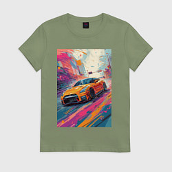 Футболка хлопковая женская Nissan GT-R дрифт в городе, цвет: авокадо