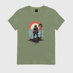 Женская футболка Силуэт самурая на закате