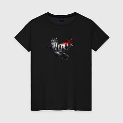 Женская футболка Черный ворон и город эффект двойной экспозиции