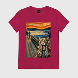 Женская футболка Леопард кричит - мем картина от нейросети