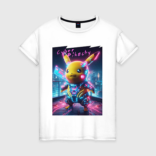 Женская футболка Cyber Pikachu - neon glow ai art fantasy / Белый – фото 1