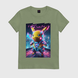 Женская футболка Cyber Pikachu - neon glow ai art fantasy