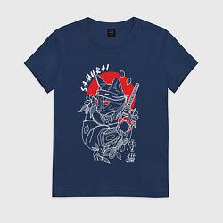 Футболка хлопковая женская Черный кот самурай, цвет: тёмно-синий