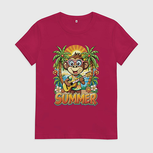 Женская футболка Обезьянка с гитарой летний вайб / Маджента – фото 1