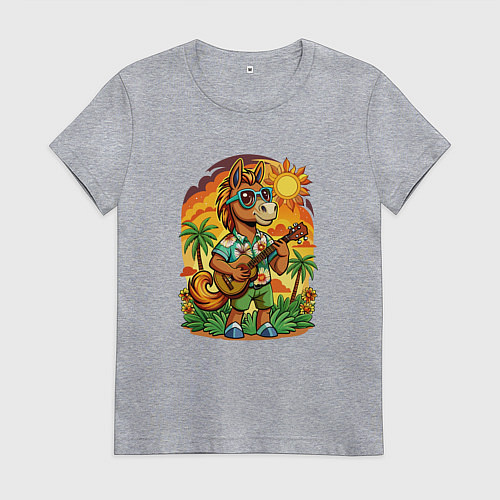 Женская футболка Конь играет на гитаре жарким летом / Меланж – фото 1