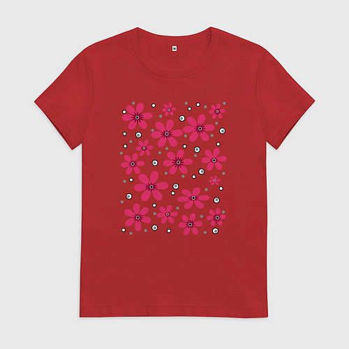 Женская футболка Красные ромашки на фоне в горошек / Красный – фото 1