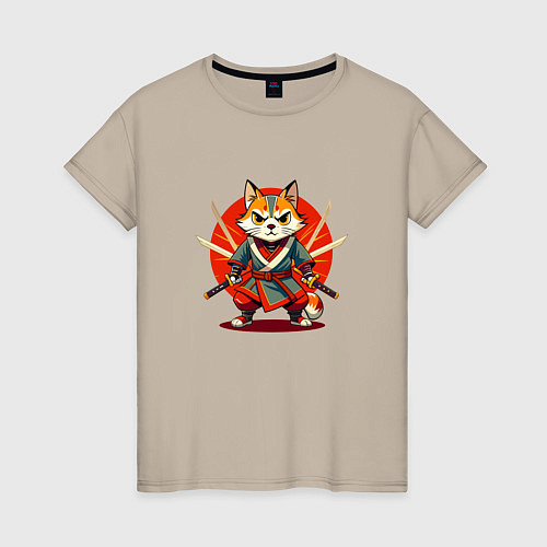 Женская футболка Рыжий кот самурай с мечами / Миндальный – фото 1