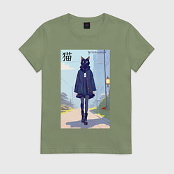 Футболка хлопковая женская Чёрная кошечка на своём районе - нейросеть, цвет: авокадо
