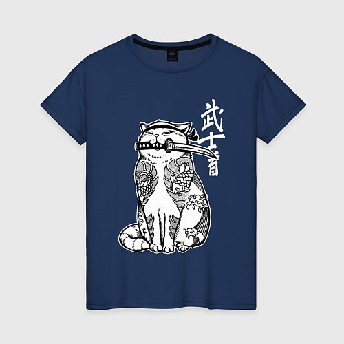 Женская футболка Кот самурай - сёто в зубах / Тёмно-синий – фото 1