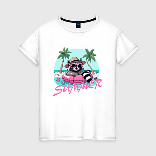 Женская футболка Забавный енот плавает в круге на море лето пляж / Белый – фото 1