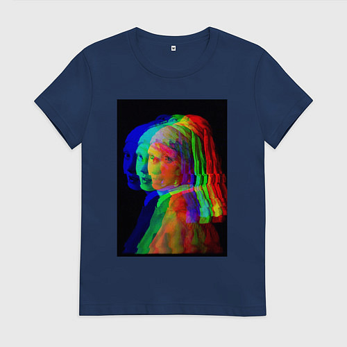 Женская футболка Девушка с жемчужной серёжкой с глюками / Тёмно-синий – фото 1