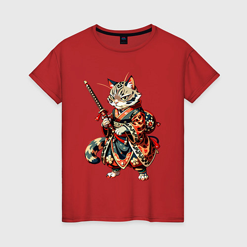 Женская футболка Кот ниндзя - японский воин / Красный – фото 1