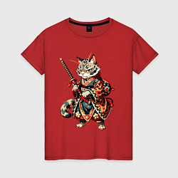 Футболка хлопковая женская Кот ниндзя - японский воин, цвет: красный