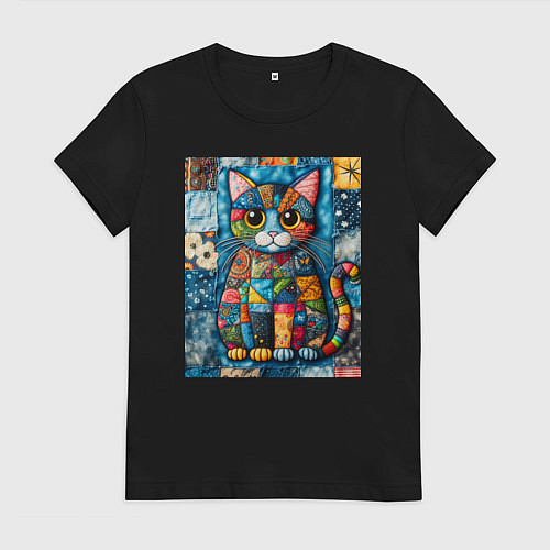 Женская футболка Прикольный котик - пэчворк / Черный – фото 1