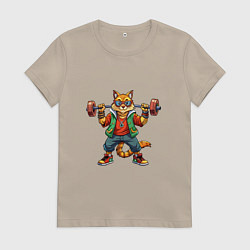 Женская футболка Крутой рыжий кото держит гантель