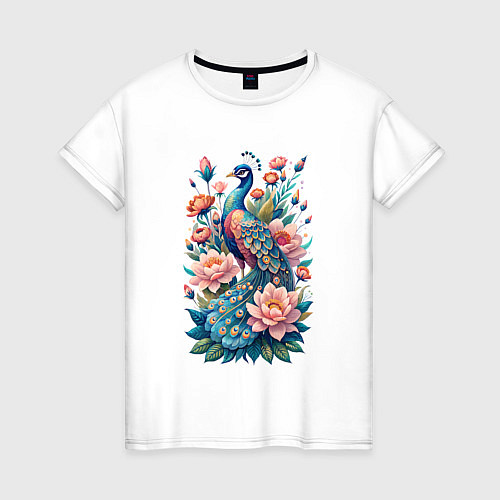 Женская футболка Павлин среди цветов / Белый – фото 1