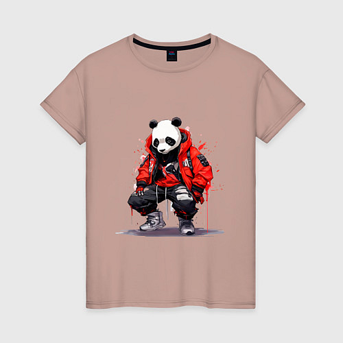 Женская футболка Модная панда в красной куртке / Пыльно-розовый – фото 1