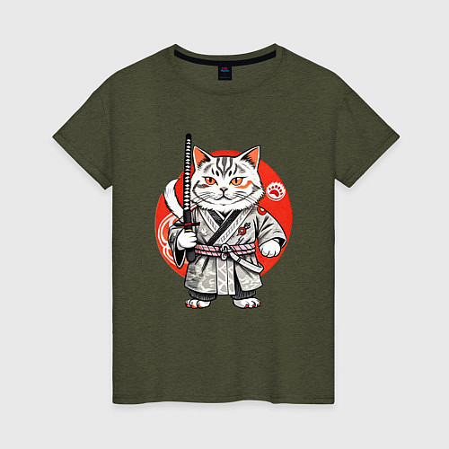 Женская футболка Ниндзя кот с саблей красное солнце / Меланж-хаки – фото 1