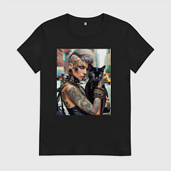 Женская футболка Девчонка панк в татухах с чёрным котом - нейросеть