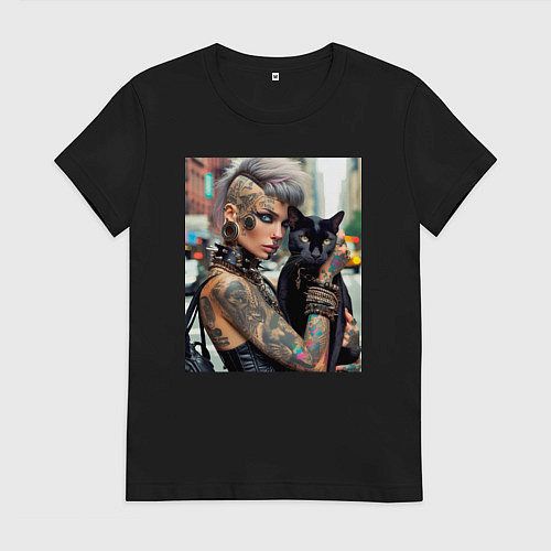 Женская футболка Девчонка панк в татухах с чёрным котом - нейросеть / Черный – фото 1