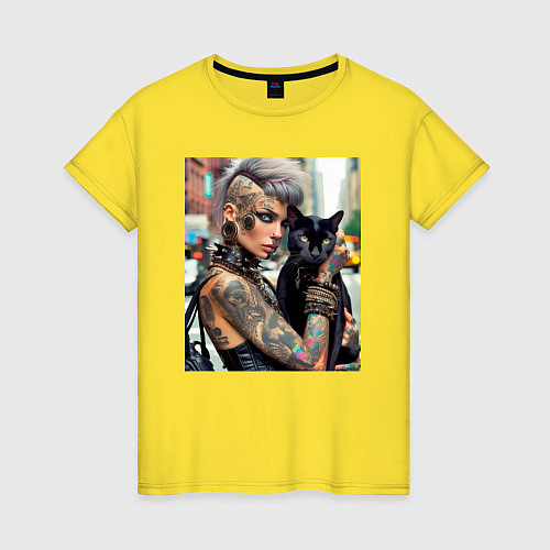 Женская футболка Девчонка панк в татухах с чёрным котом - нейросеть / Желтый – фото 1