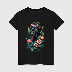 Футболка хлопковая женская Черная пантера среди цветов, цвет: черный