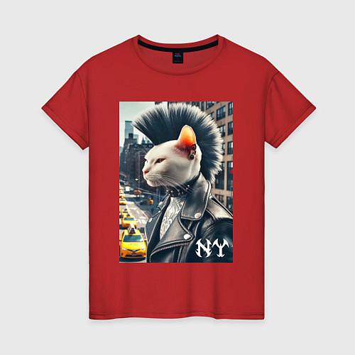Женская футболка Котик панк житель Нью-Йорка - нейросеть / Красный – фото 1