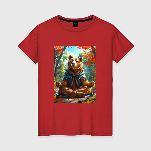 Женская футболка Медведь на медитации / Красный – фото 1