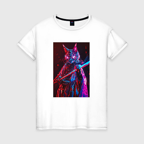 Женская футболка Кот самурай киберпанк / Белый – фото 1